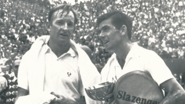 Rod Laver (left) and Ken Rosewall after the 1968 French Open final.