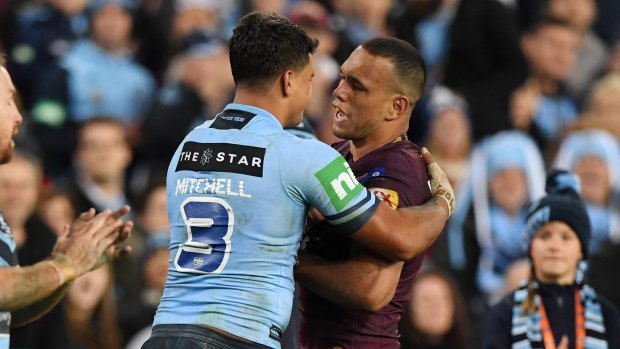 One last rivalry?: Latrell Mitchell and Will Chambers during last year's State of Origin series at ANZ Stadium.