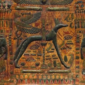 The image of a jackal on the coffin of Amenhotep in the Queensland Museum’s Discovering Ancient Egypt exhibition. The god Anubis was often depicted as a jackal.
