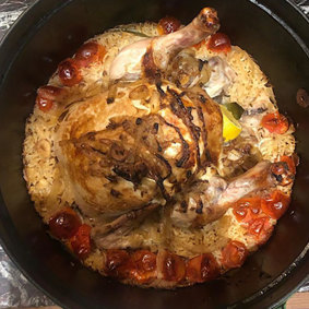 Perfect winter lockdown dish: roast chook on baked rice … Karen Martini nails it again … seriously bloody good.   