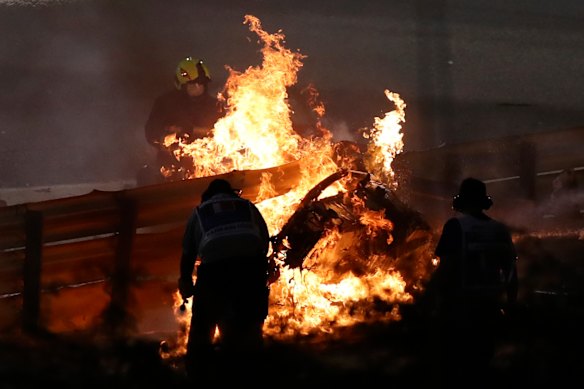 Grosjean's car burns after he escaped the crash.