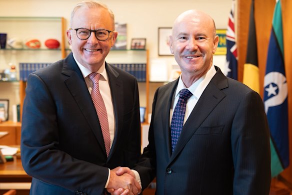 Greg Moriarty, pictured with Prime Minister Anthony Albanese, has replaced Kevin Rudd as Australia’s ambassador to the US.