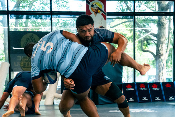 Waratahs players work on tackle technique at the sessions.