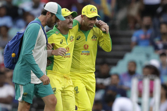 David Warner had to be helped from the field after suffering an adductor injury on Sunday night.