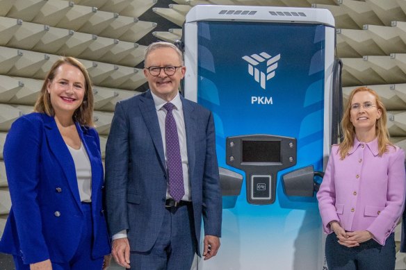 Queensland Senator Nita Green (left) and Prime Minister Anthony Albanese touring the Brisbane facilities of Tritium with its chief executive Jane Hunter in March 2023.