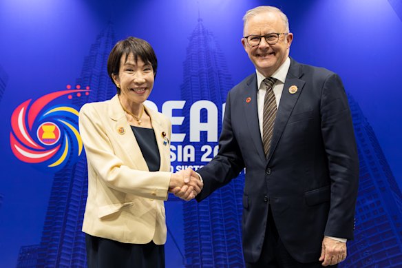Prime Minister Anthony Albanese with Japan's new Prime Minister Sanae Takaichi at ASEAN on Sunday.