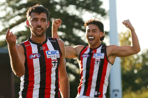 St Kilda teammates Riley Bonner and  Mitch Owens celebrate a Saints goal against Richmond at Norwood Oval.