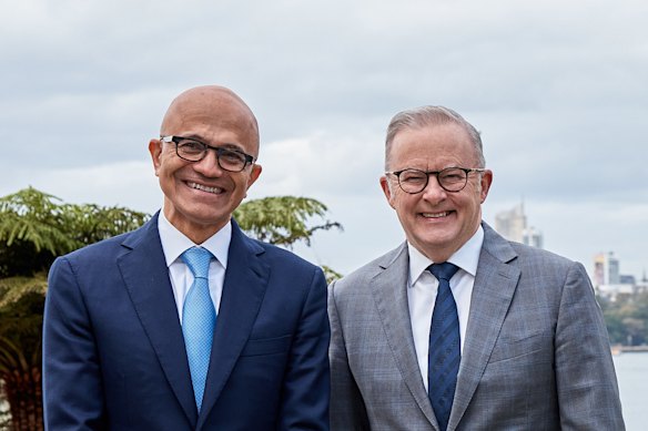 Microsoft chief executive Satya Nadella with Prime Minister Anthony Albanese.