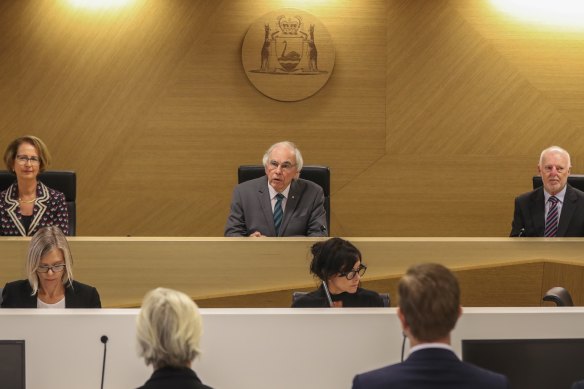 Commissioners Lindy Jenkins, Neville Owen and Colin Murphy on day one of the Perth Casino Royal Commission.