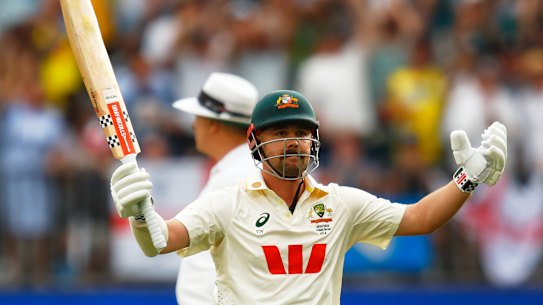 Australia’s Travis Head celebrates his century on day two of the first Ashes Test.