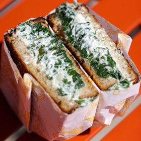 The spanakopita melt with feta, spinach, Chilli Lips dip, leek, onion and dill.