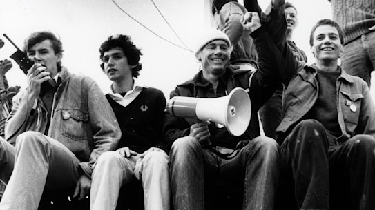 Anthony Albanese, far left, and Alex Bukarica, seated far right, protest about changes to the political economics course at the University of Sydney in 1983.