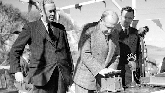 Governor General William McKell detonates the first explosives at the launch of the Snowy Mountains Hydro Electric Scheme on 17 October 1949.