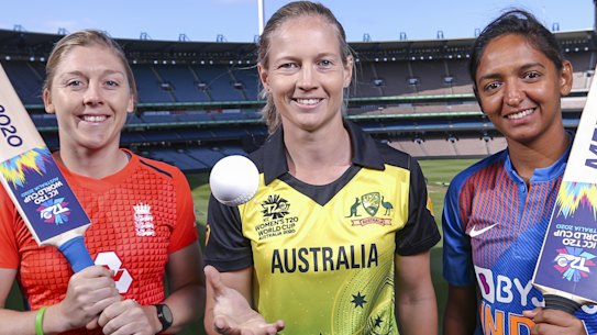 Captains Heather Knight of Great Britain, Meg Lanning of Australia and Harmanpreet Kaur of India.