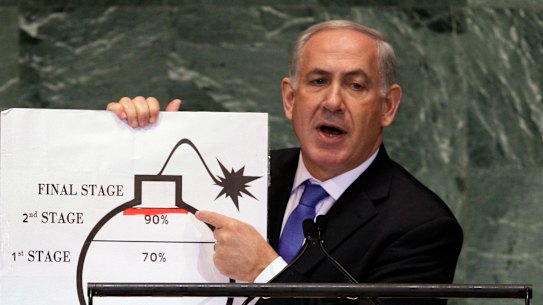 Israeli Prime Minister Benjamin Netanyahu shows an illustration as he describes his concerns over Iran’s nuclear ambitions during an address to the United Nations General Assembly in 2012.
