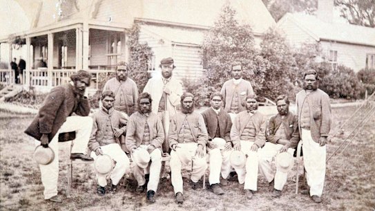 The Aboriginal cricket team who played the Melbourne Cricket Club on Boxing Day 1866. Tom Wills is at the back wearing a cap.