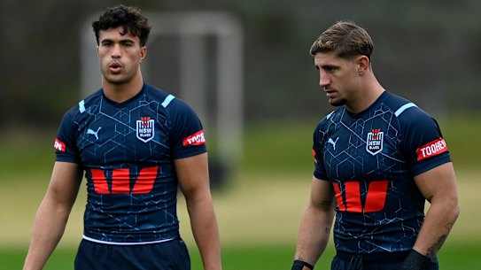 Joseph-Aukuso Suaalii and Zac Lomax training with the NSW Blues ahead of his Origin debut in 2024.