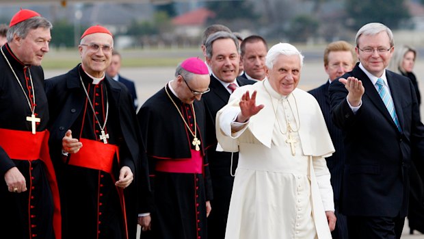 Pope Benedict XVI with then-prime minister Kevin Rudd while visiting Sydney for World Youth Day in 2008.