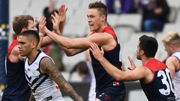 Demon Tom McDonald (centre) has worked his way back into form and booted three goals against the Dockers.