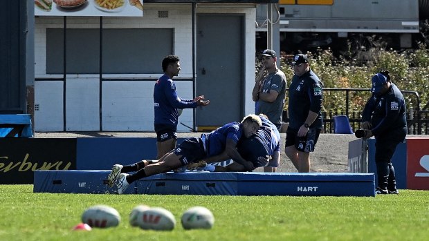 Viliame Kikau practises his tackling during a Bulldogs session on Wednesday.