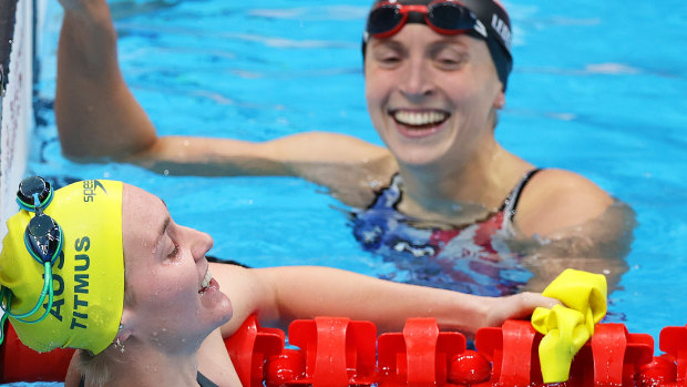 Ariarne Titmus and Katie Ledecky are exhausted after their epic duel in the pool in the 400m final.