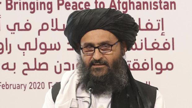 Mullah Abdul Ghani Baradar, the Taliban group's top political leader, speaks before signing a peace agreement between Taliban and US officials in Doha, Qatar, on Saturday.