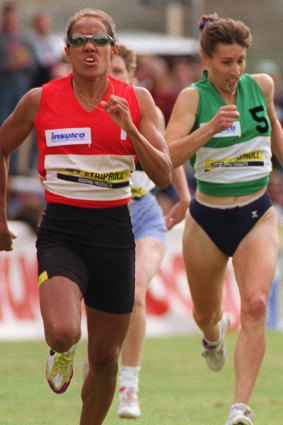 Cathy Freeman wins the 400m handicap race at Stawell in 1996.