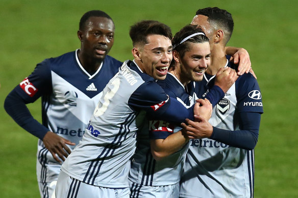 Victory's Marco Rojas celebrates a goal. 