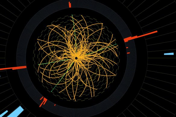 2011 image of a real proton collisions picked up by the LHC detector showing the signature decay of a Higgs boson.