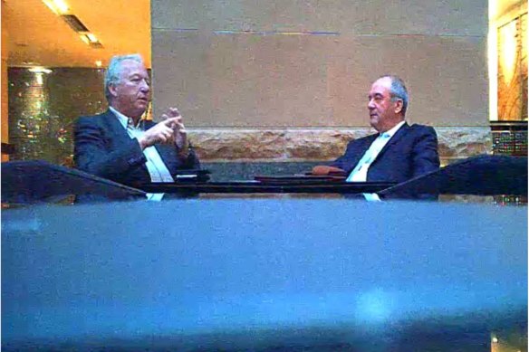 Tim Lakos (left) and Daryl Maguire at the Bar, Lounge and Room at the Westin Hotel in September 2017, captured in an ICAC surveillance photo tendered into evidence.