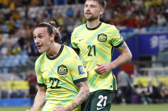 Jackson Irvine celebrates his second goal of the match.