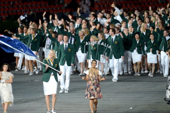 Lauren Jackson leads The Australian team into the stadium at the London Olympics in 2012.