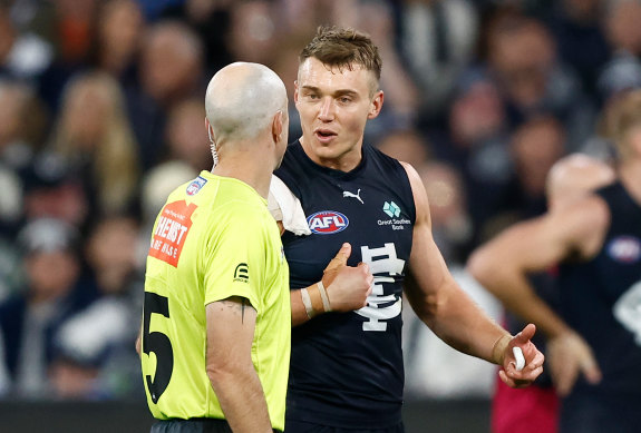 Carlton captain Patrick Cripps has a word with the umpire on Saturday afternoon.