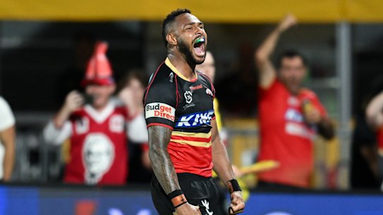 Hamiso Tabuai-Fidow celebrates for the Dolphins against the Dragons.