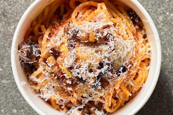 Spaghetti Amatriciana with rich sugo, crispy guanciale, pecorino and chilli.