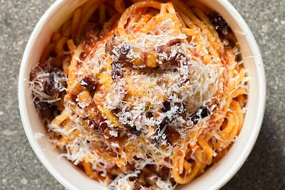 Spaghetti Amatriciana with rich sugo, crispy guanciale, pecorino and chilli.