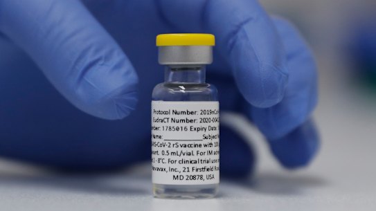 A vial of the Phase 3 Novavax coronavirus vaccine.