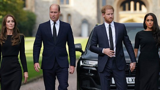 (From left) ate, the Princess of Wales, Prince William, Prince of Wales, Prince Harry and Meghan, Duchess of Sussex walk to meet the public after the death of Queen Elizabeth in September 2022.