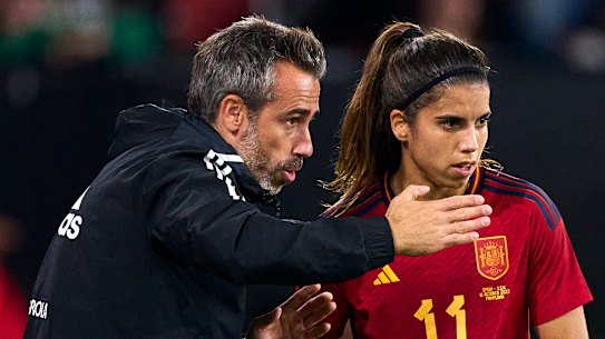 Spain coach Jorge Vilda, pictured instructing Alba Redondo, has been sacked.