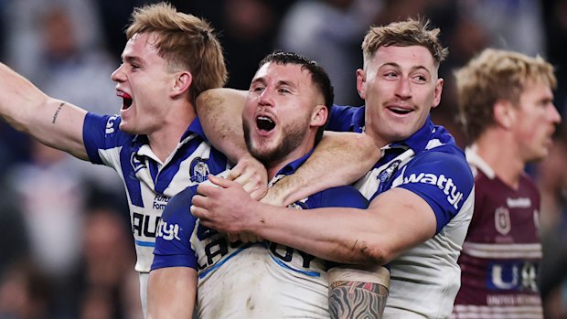 The Bulldogs celebrate another try against Manly.