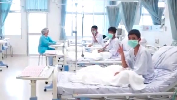 Members of the Wild Boars football team in hospital after their rescue.