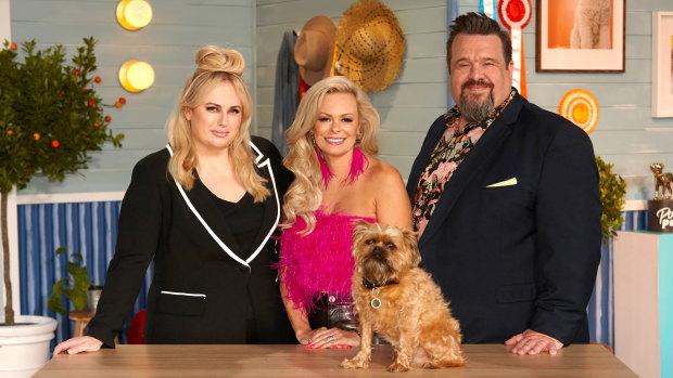 Pooch Perfect host Rebel Wilson with judges and professional dog groomers Amber Lewin and Colin Taylor. The format has been sold to Beyond International.