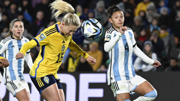 Sweden’s Rebecka Blomqvist scores in her country’s win over Argentina.