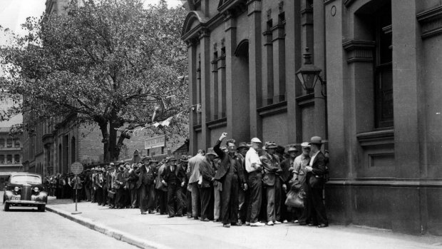 A soup kitchen queue in Sydney during the Depression.