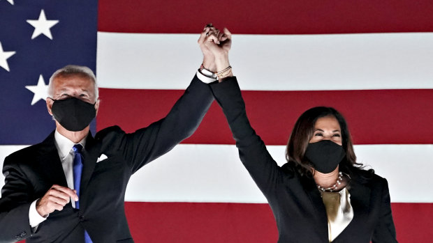 A campaign like no other ...  Democratic presidential nominee Joe Biden and his vice-presidential nominee, Kamala Harris, at the party's national convention on Thursday.
