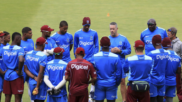 Moving on: Stuart Law addressing his West Indies players in Birmingham last year.