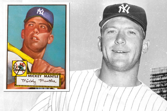 New York Yankees legend Mickey Mantle and (inset) the Topps baseball card that sold for $US12.6 million.