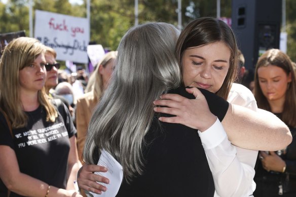 March organiser Janine Hendry embraces Brittany Higgins after her speech in Canberra.
