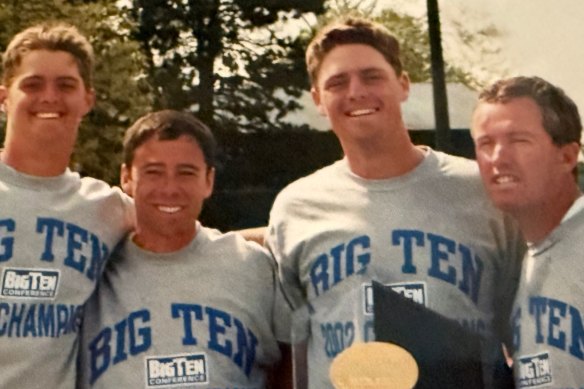University of Illinois college tennis figures circa 2003 (from left): Evan Zeder, now New Balance director of global sports marketing for tennis; coach Bruce Berque, now head tennis coach at Texas University; Nathan Zeder, brother of Evan; and coach Craig Tiley, now Australian Open tournament director.