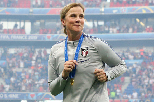 Jill Ellis celebrates victory in the 2019 FIFA Women's World Cup France Final.